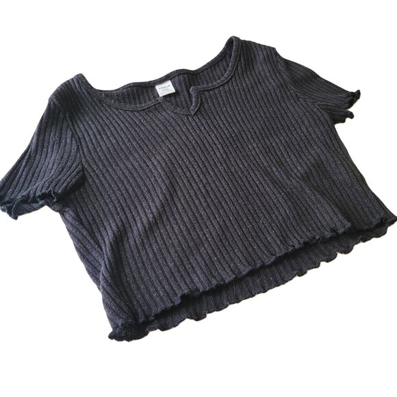 SHEIN Ribbed Knit Crop Top Short Sleeve  Lettuce Trim Black 11-12 Yr Old - Picture 10 of 10